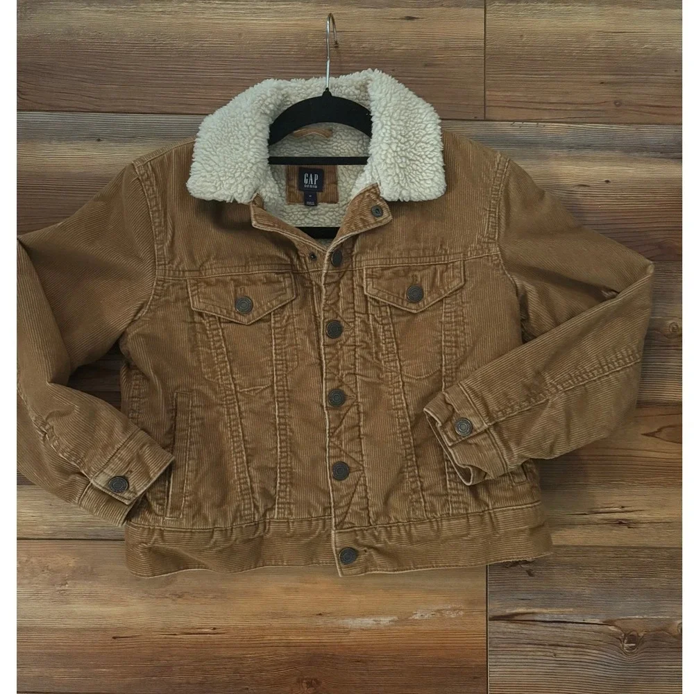 Gap Kids Tan Brown Corduroy Sherpa Lined Trucker Jacket Size Medium M
